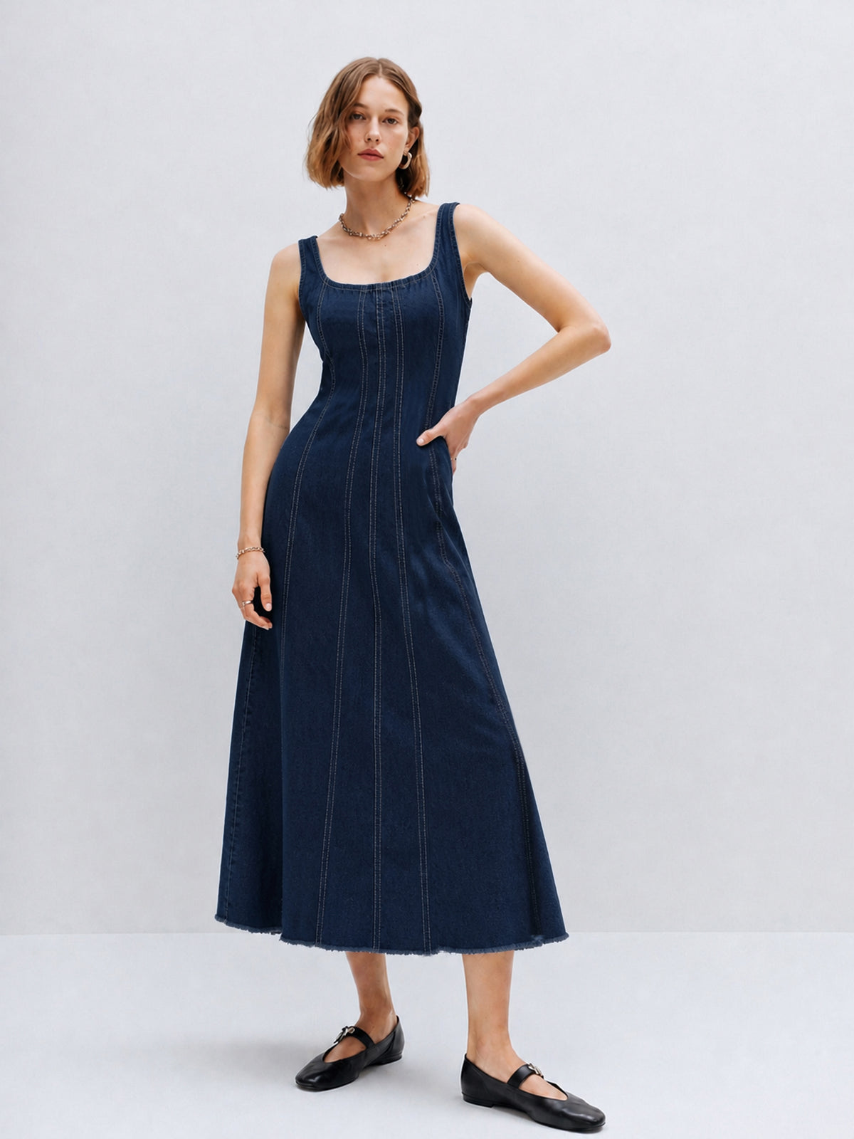 Navy Denim A-Line Midi Dress-SASSAFRAS