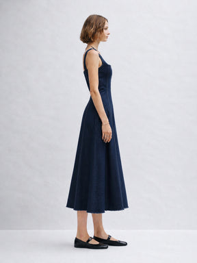 Navy Denim A-Line Midi Dress-SASSAFRAS