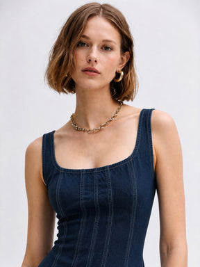 Navy Denim A-Line Midi Dress-SASSAFRAS