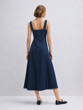 Navy Denim A-Line Midi Dress-SASSAFRAS