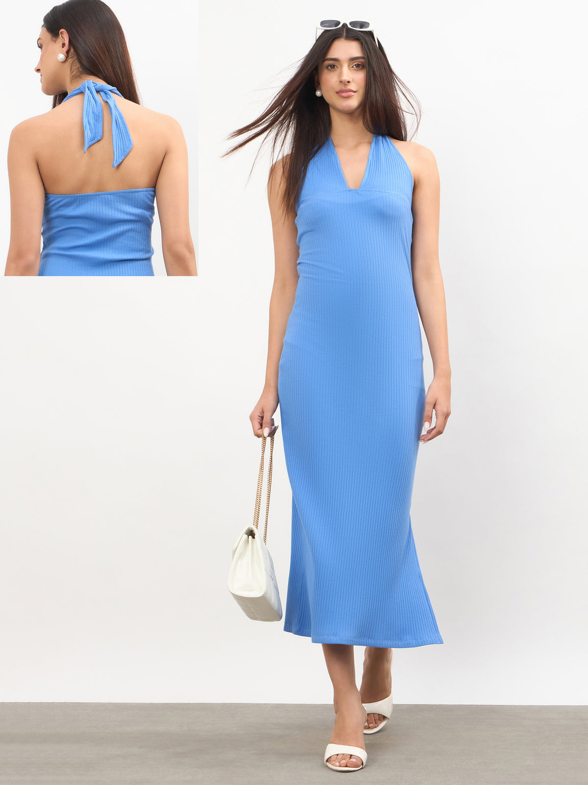 Blue Halter Neck Bodycon Midi Dress-SASSAFRAS