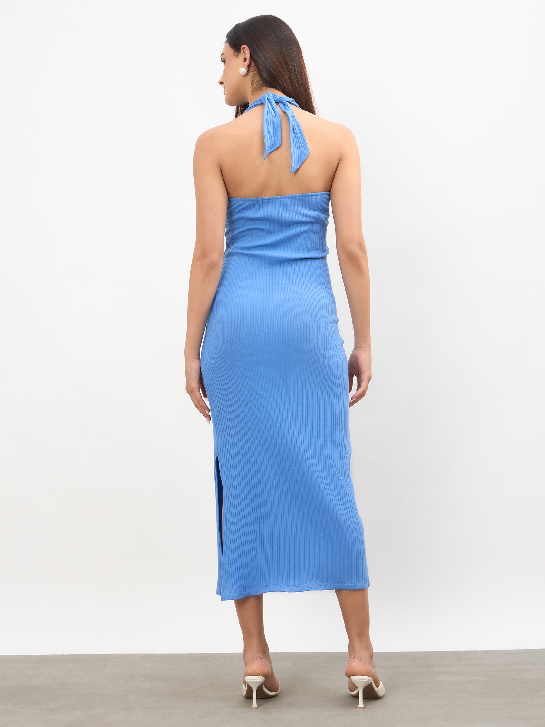 Blue Halter Neck Bodycon Midi Dress-SASSAFRAS