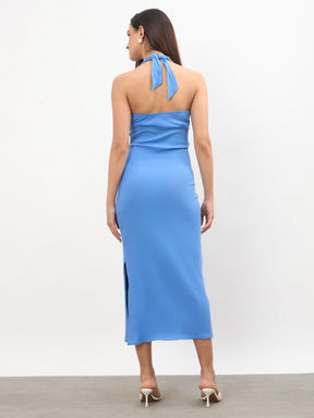 Blue Halter Neck Bodycon Midi Dress-SASSAFRAS