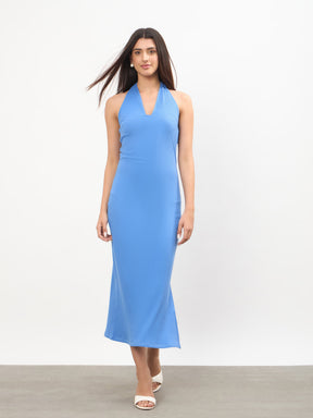 Blue Halter Neck Bodycon Midi Dress-SASSAFRAS