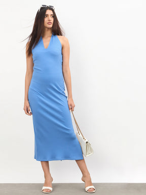 Women Blue Halter Neck Bodycon Midi Dress