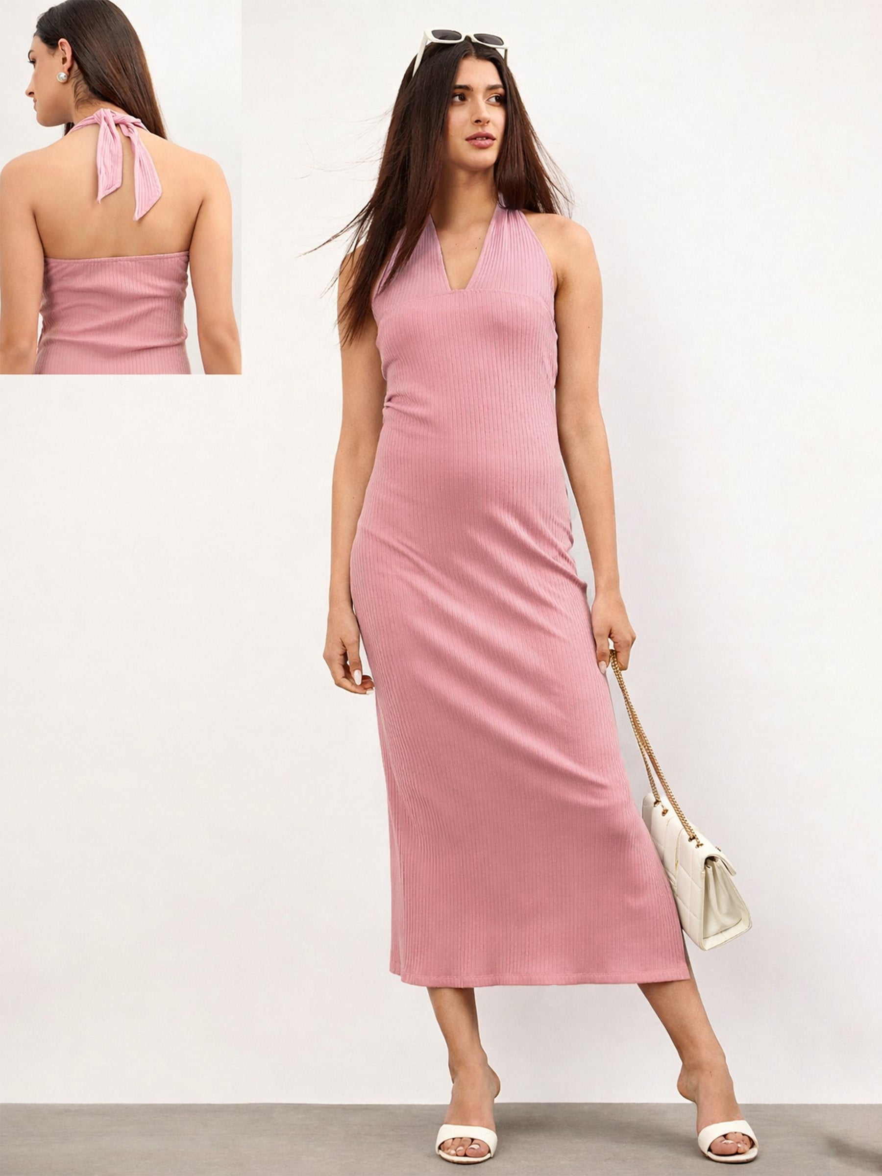 Buy Women Pink Halter Neck Bodycon Midi Dress Online at Best Price -  Sassafras