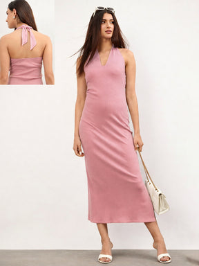 Pink Halter Neck Bodycon Midi Dress-SASSAFRAS