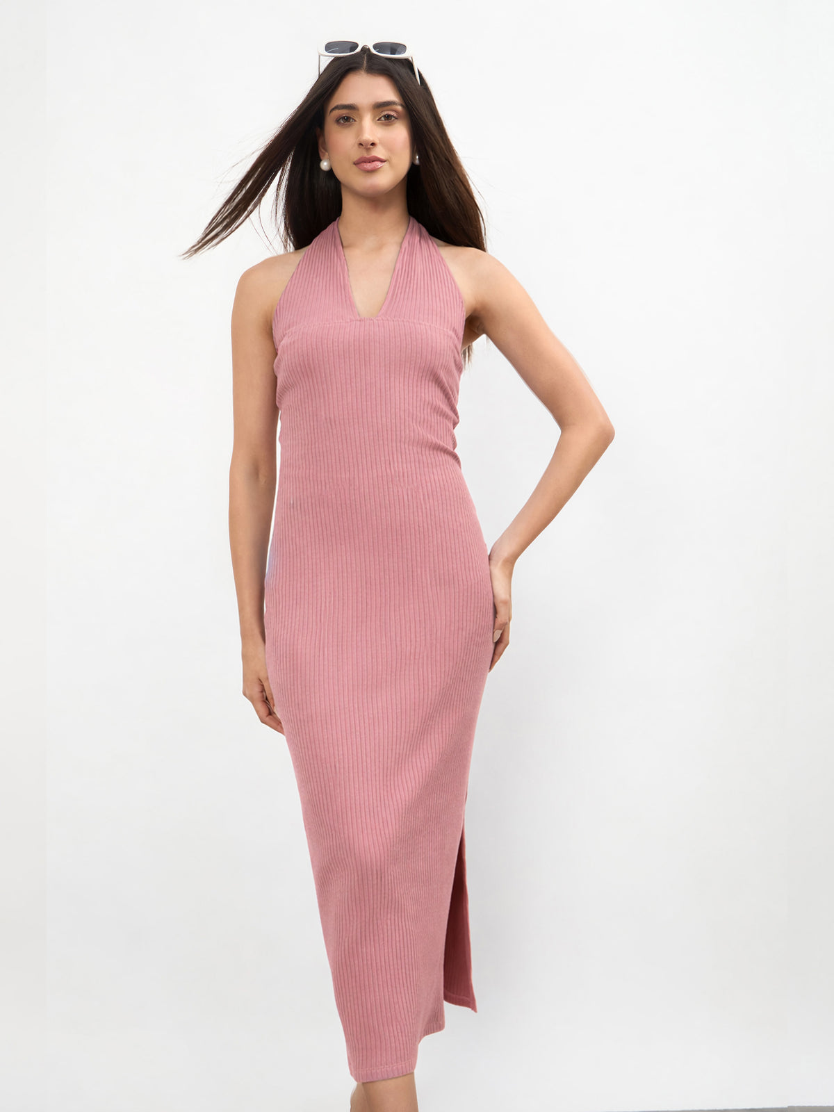 Pink Halter Neck Bodycon Midi Dress-SASSAFRAS