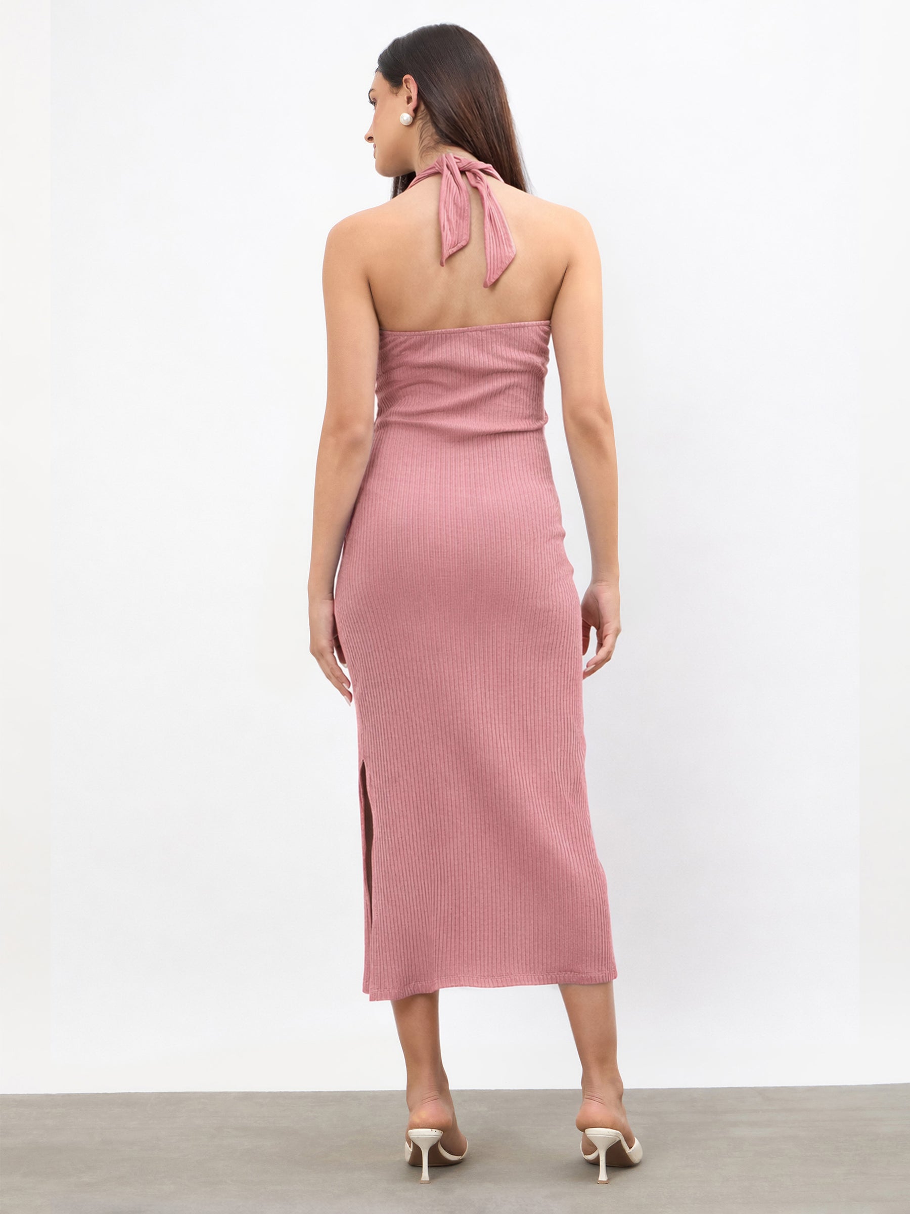 Buy Women Pink Halter Neck Bodycon Midi Dress Online at Best Price