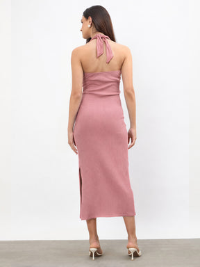 Pink Halter Neck Bodycon Midi Dress-SASSAFRAS