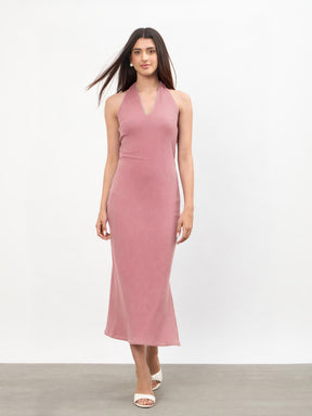 Pink Halter Neck Bodycon Midi Dress-SASSAFRAS