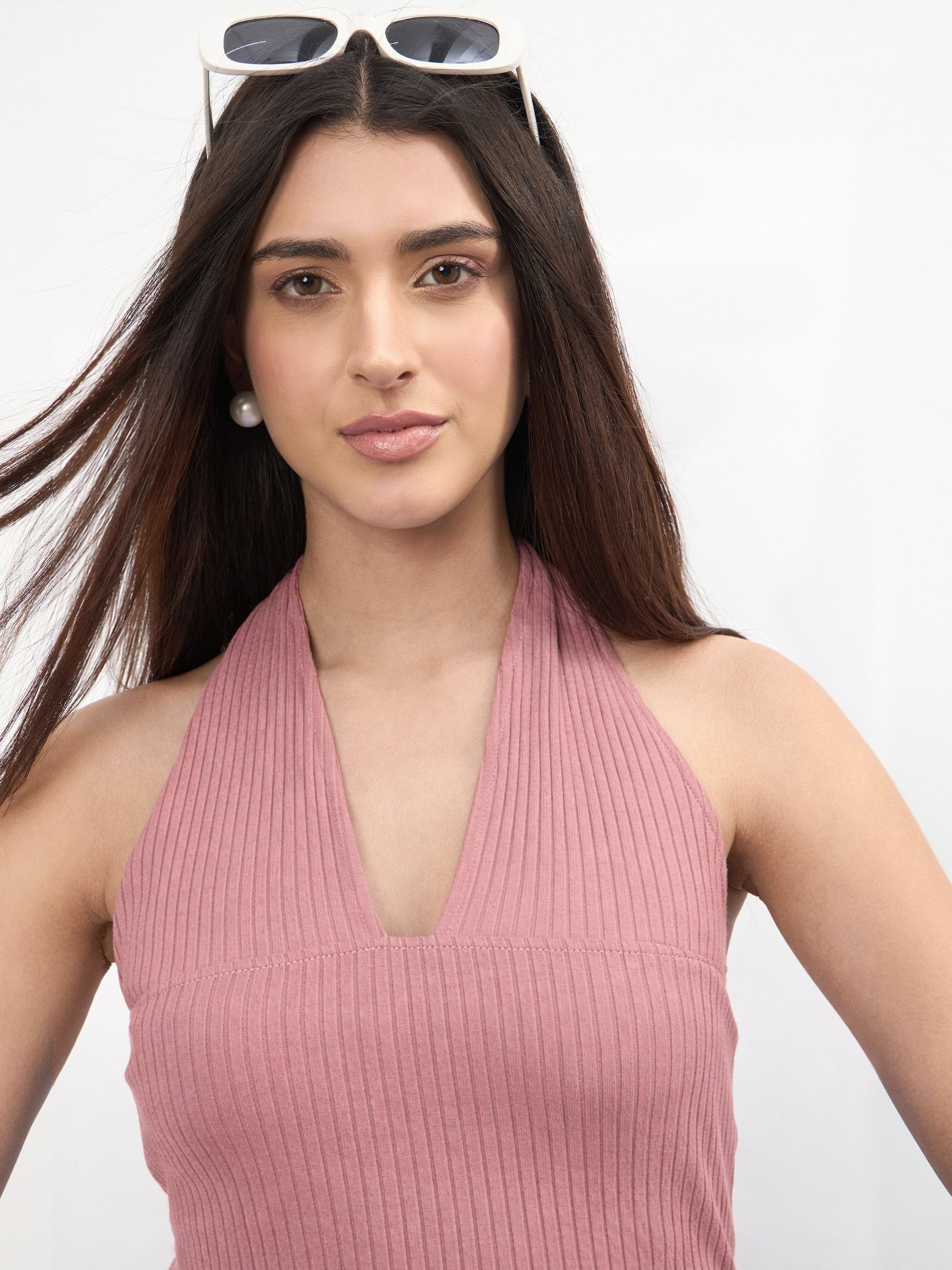 Women Pink Halter Neck Bodycon Midi Dress