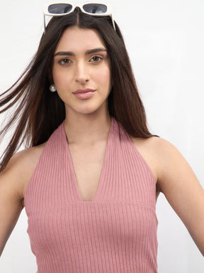 Women Pink Halter Neck Bodycon Midi Dress