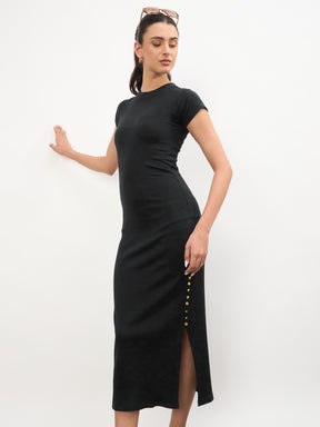 Black Rib Short Sleeves Bodycon Midi Dress-SASSAFRAS