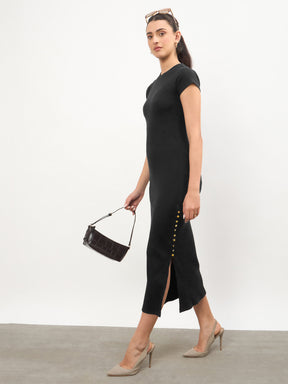 Black Rib Short Sleeves Bodycon Midi Dress-SASSAFRAS