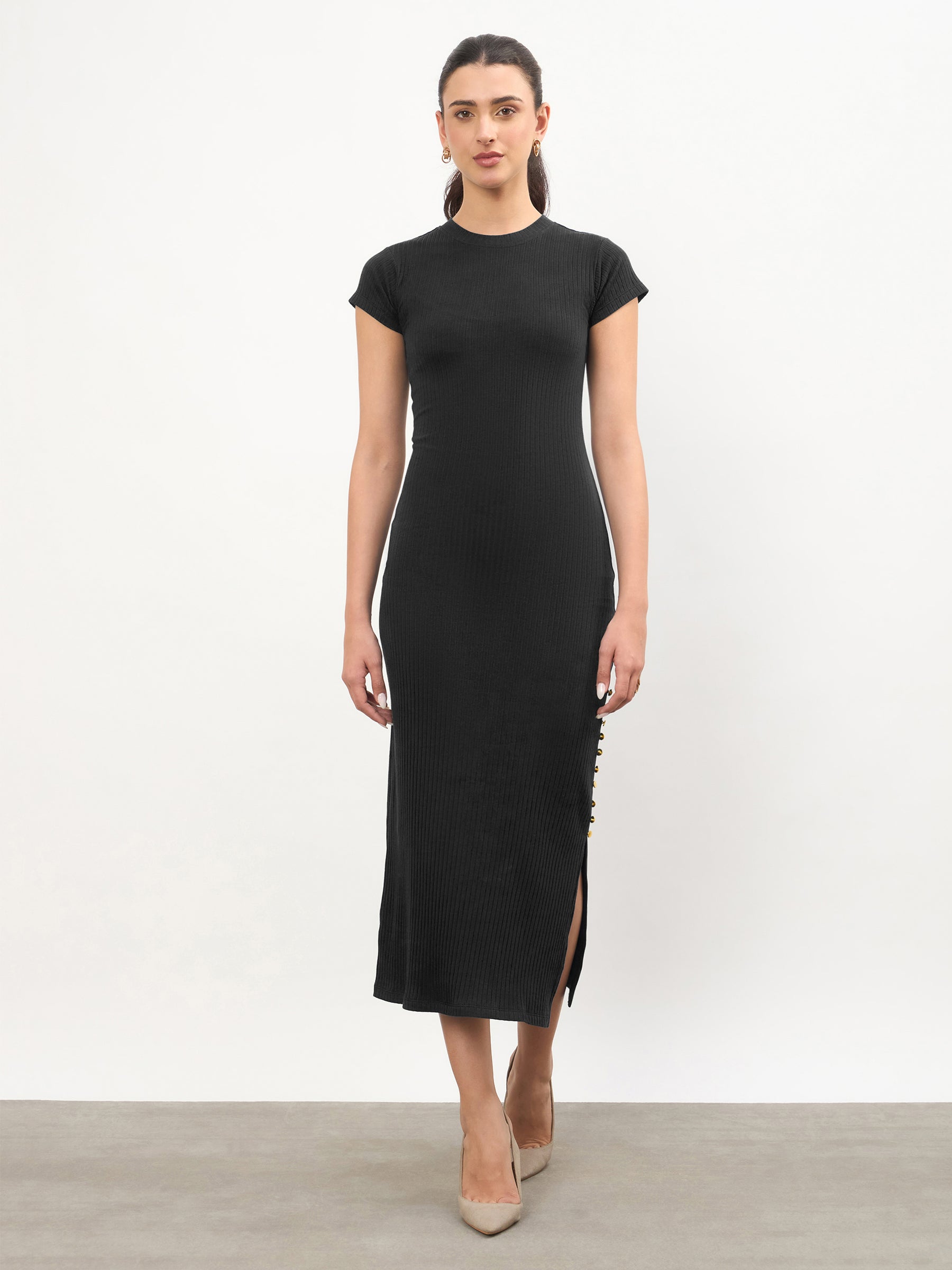 Black Rib Short Sleeves Bodycon Midi Dress-SASSAFRAS