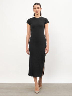 Black Rib Short Sleeves Bodycon Midi Dress-SASSAFRAS