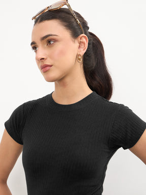 Black Rib Short Sleeves Bodycon Midi Dress-SASSAFRAS