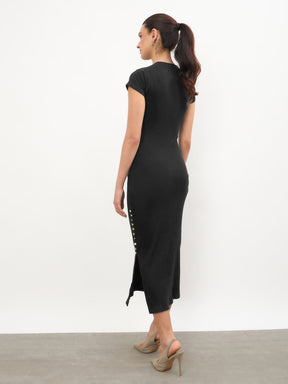 Black Rib Short Sleeves Bodycon Midi Dress-SASSAFRAS