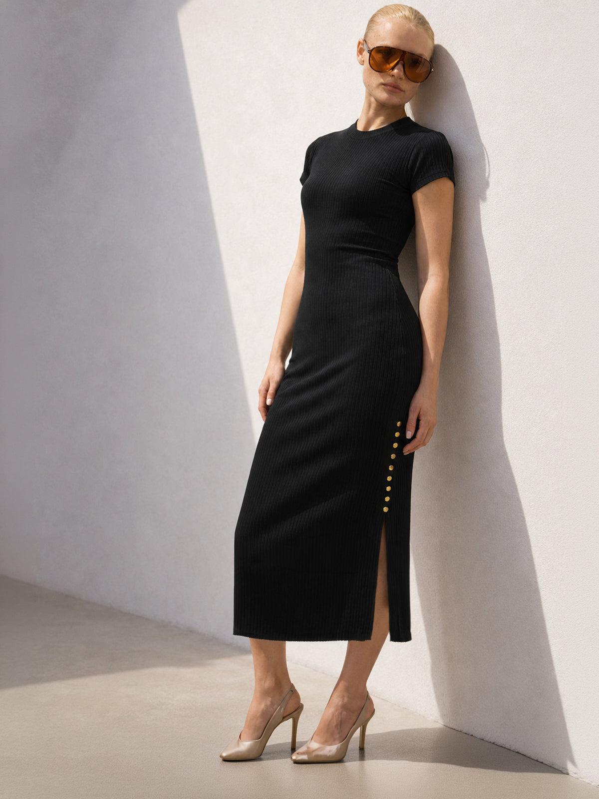Women Black Rib Short Sleeves Bodycon Midi Dress