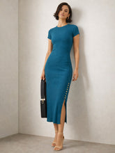 Women Teal Rib Short Sleeves Bodycon Midi Dress