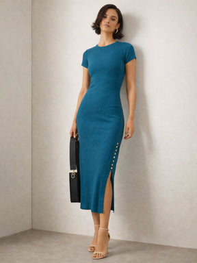 Women Teal Rib Short Sleeves Bodycon Midi Dress