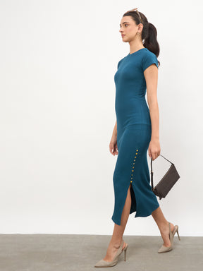 Teal Rib Short Sleeves Bodycon Midi Dress-SASSAFRAS