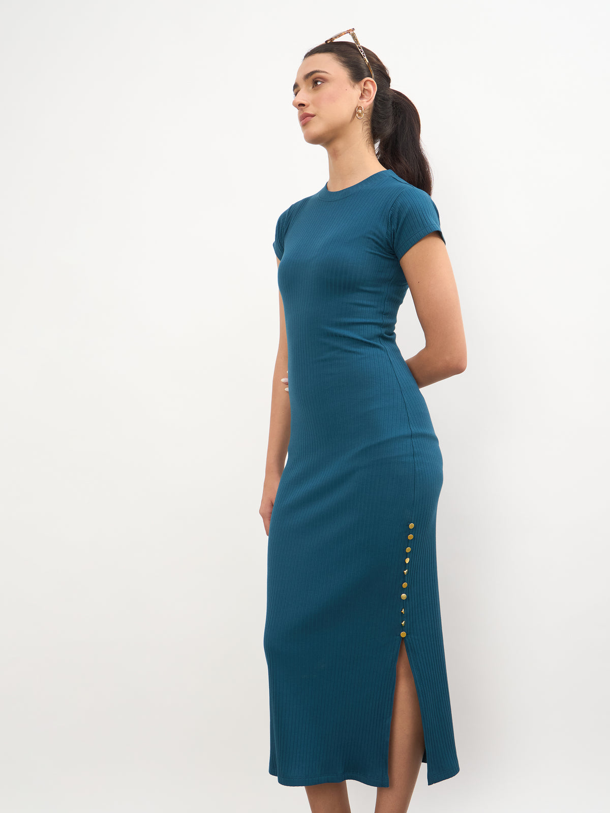 Teal Rib Short Sleeves Bodycon Midi Dress-SASSAFRAS