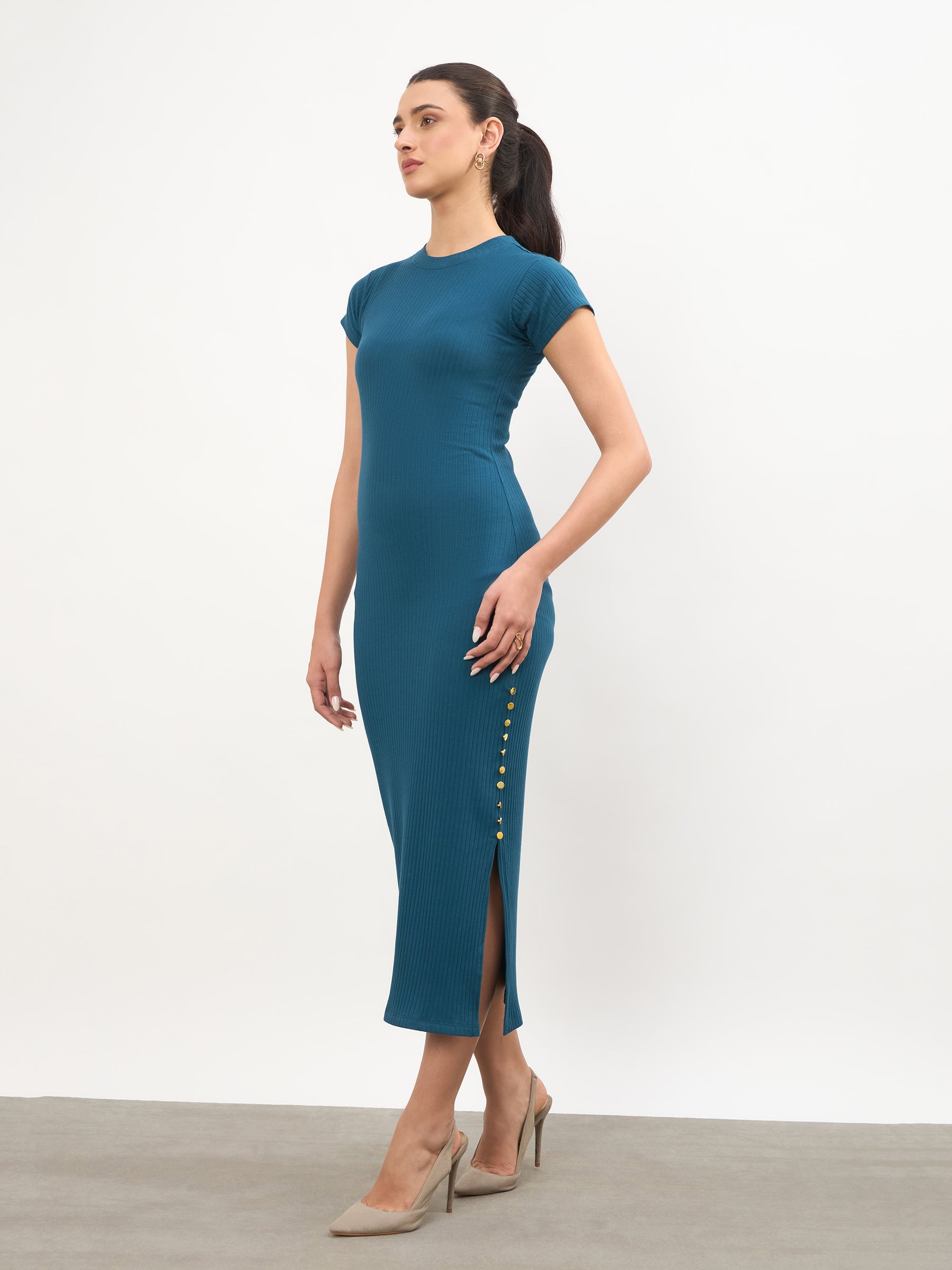 Buy Women Teal Rib Short Sleeves Bodycon Midi Dress Online at Best Price