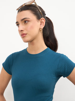 Teal Rib Short Sleeves Bodycon Midi Dress-SASSAFRAS