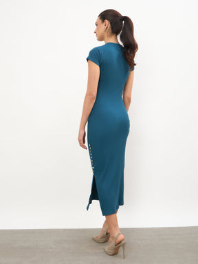 Teal Rib Short Sleeves Bodycon Midi Dress-SASSAFRAS