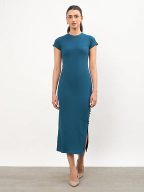 Women Teal Rib Short Sleeves Bodycon Midi Dress