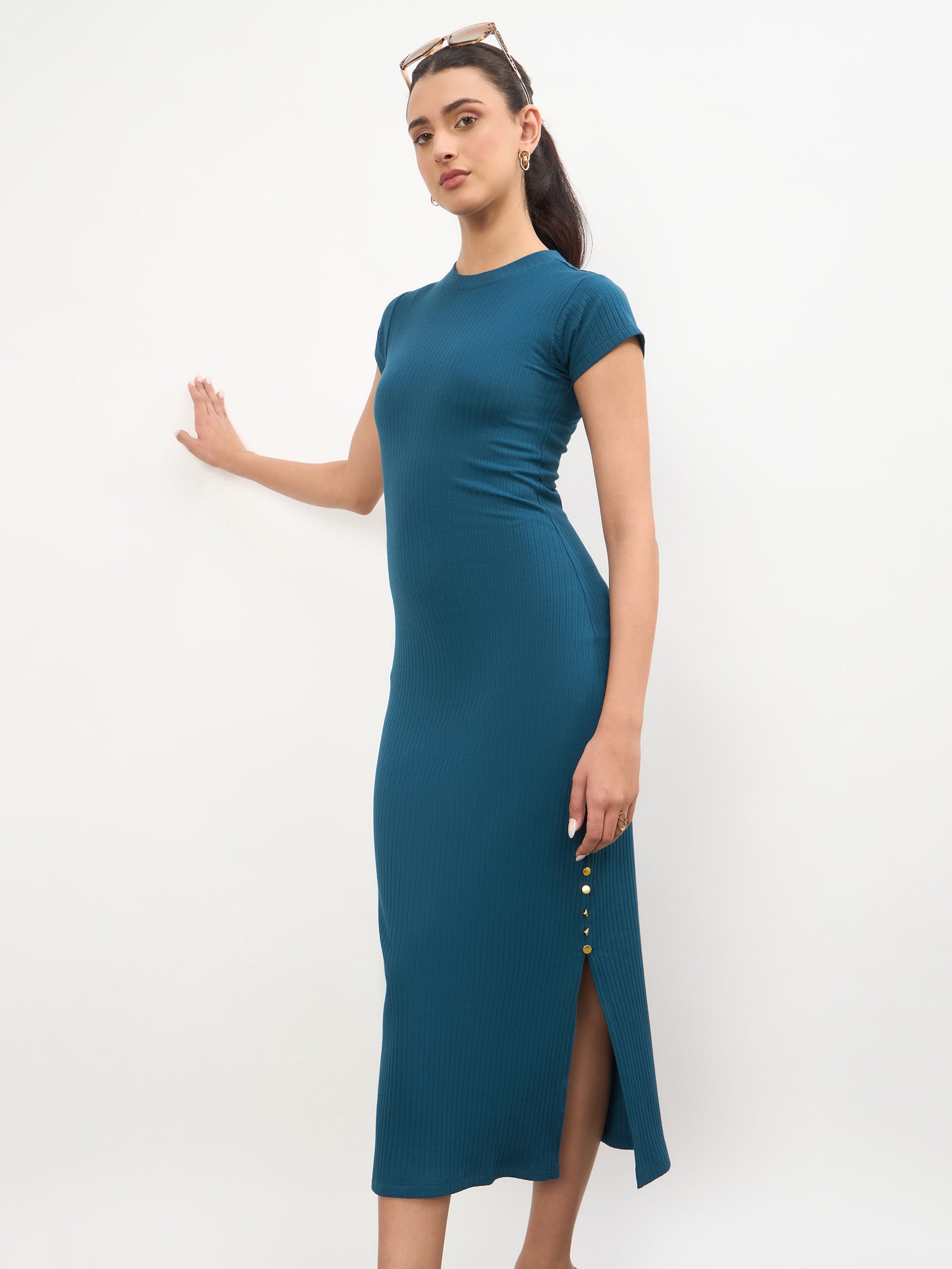 Women Teal Rib Short Sleeves Bodycon Midi Dress