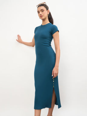 Women Teal Rib Short Sleeves Bodycon Midi Dress