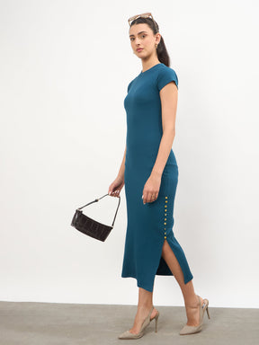 Women Teal Rib Short Sleeves Bodycon Midi Dress