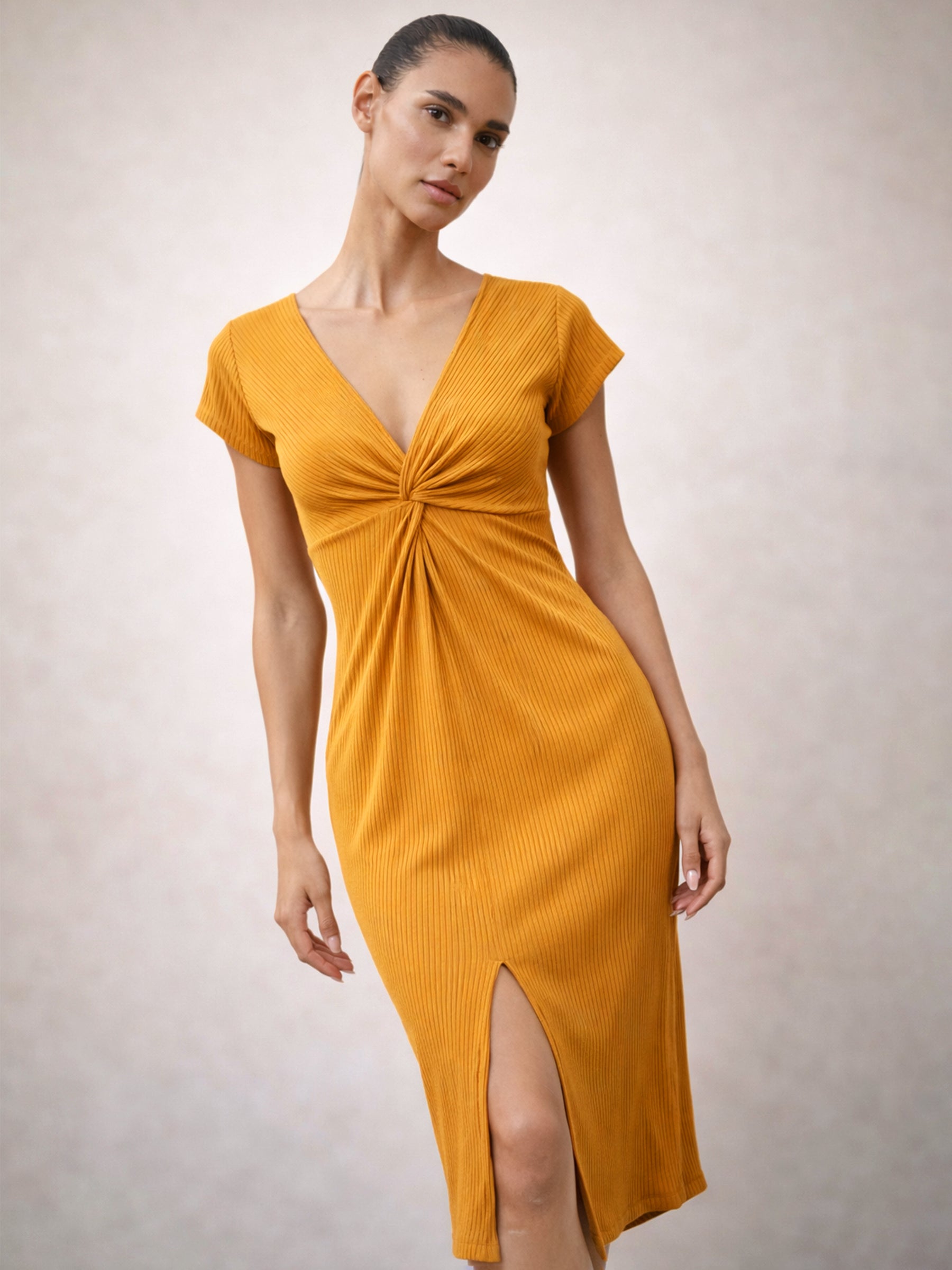 mustard bodycon midi dress Masika Mustard Silhouette Bodycon Midi Tube Dress A' La' Posh Clothing