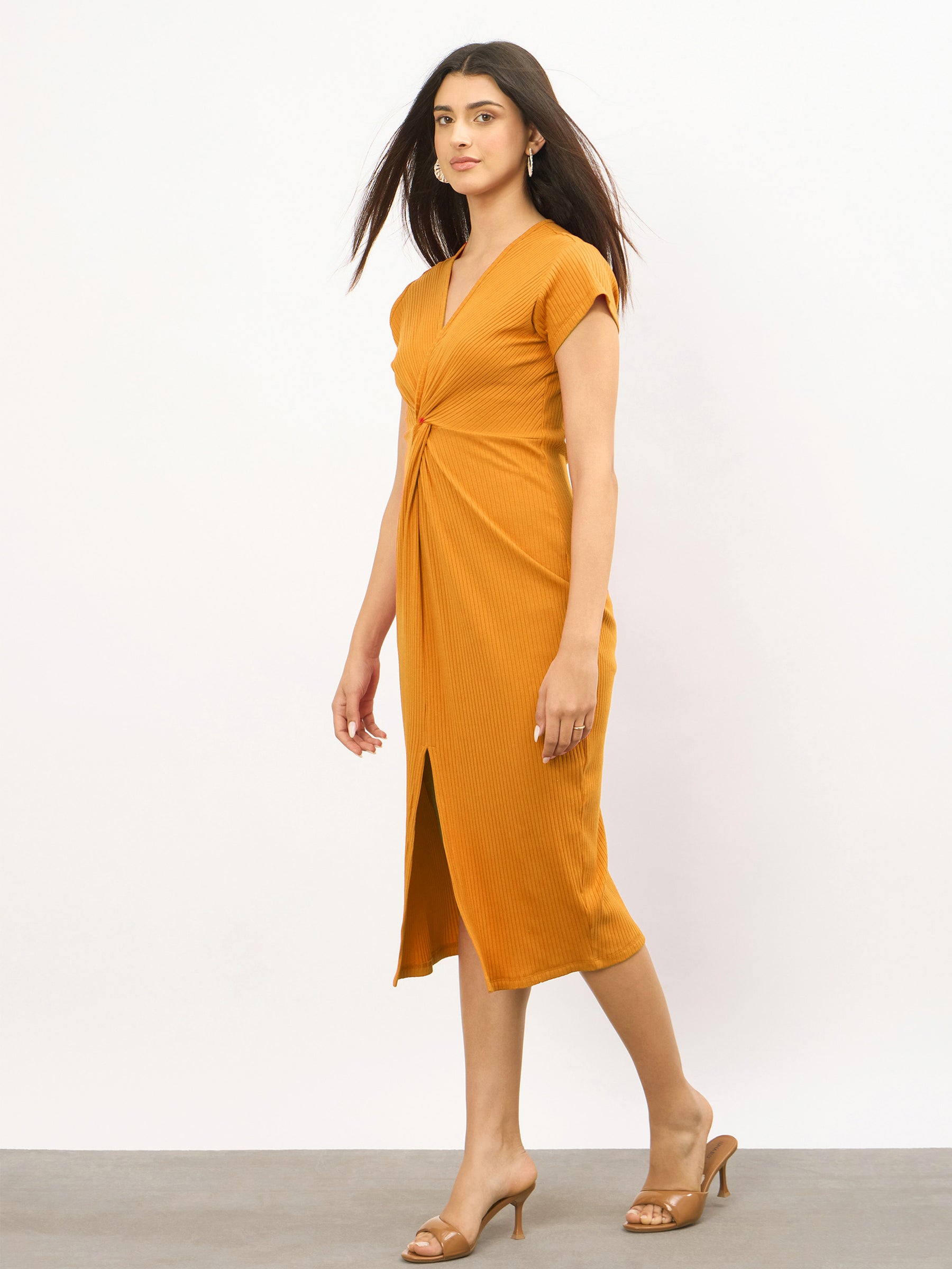 Buy Women Mustard Rib Waist Twisted Bodycon Midi Dress Online at Best Price - Sassafras Buy Women Mustard Rib Waist Twisted Bodycon Midi Dress Online at Best Price - Sassafras