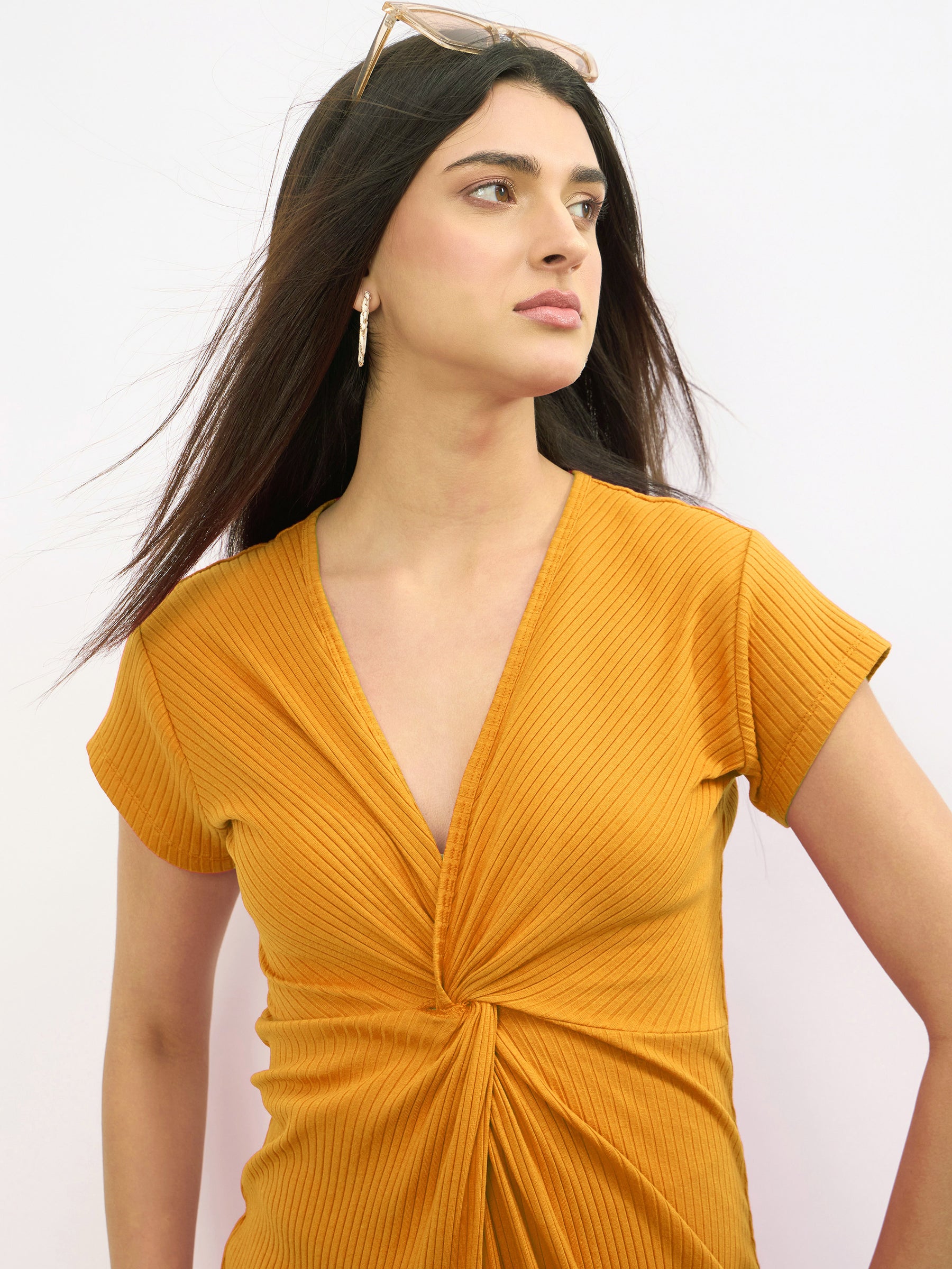 Mustard Rib Waist Twisted Bodycon Midi Dress-SASSAFRAS