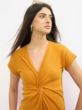 Mustard Rib Waist Twisted Bodycon Midi Dress-SASSAFRAS