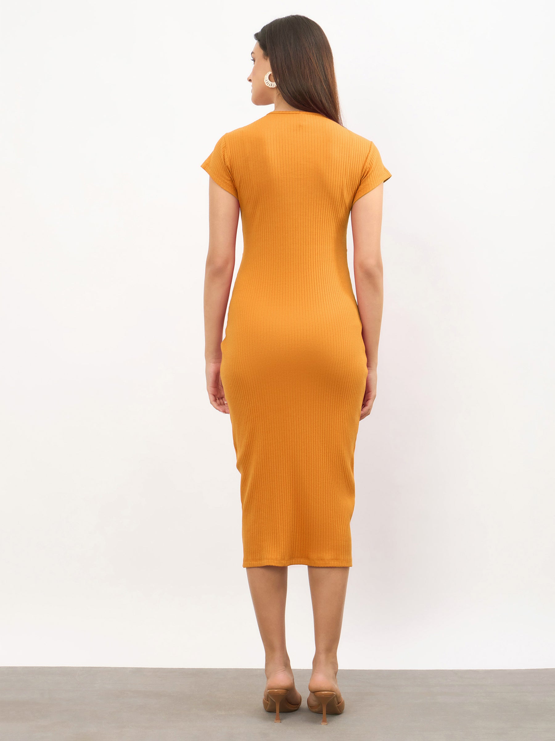 Buy Women Mustard Rib Waist Twisted Bodycon Midi Dress Online at Best Price - Sassafras Buy Women Mustard Rib Waist Twisted Bodycon Midi Dress Online at Best Price - Sassafras