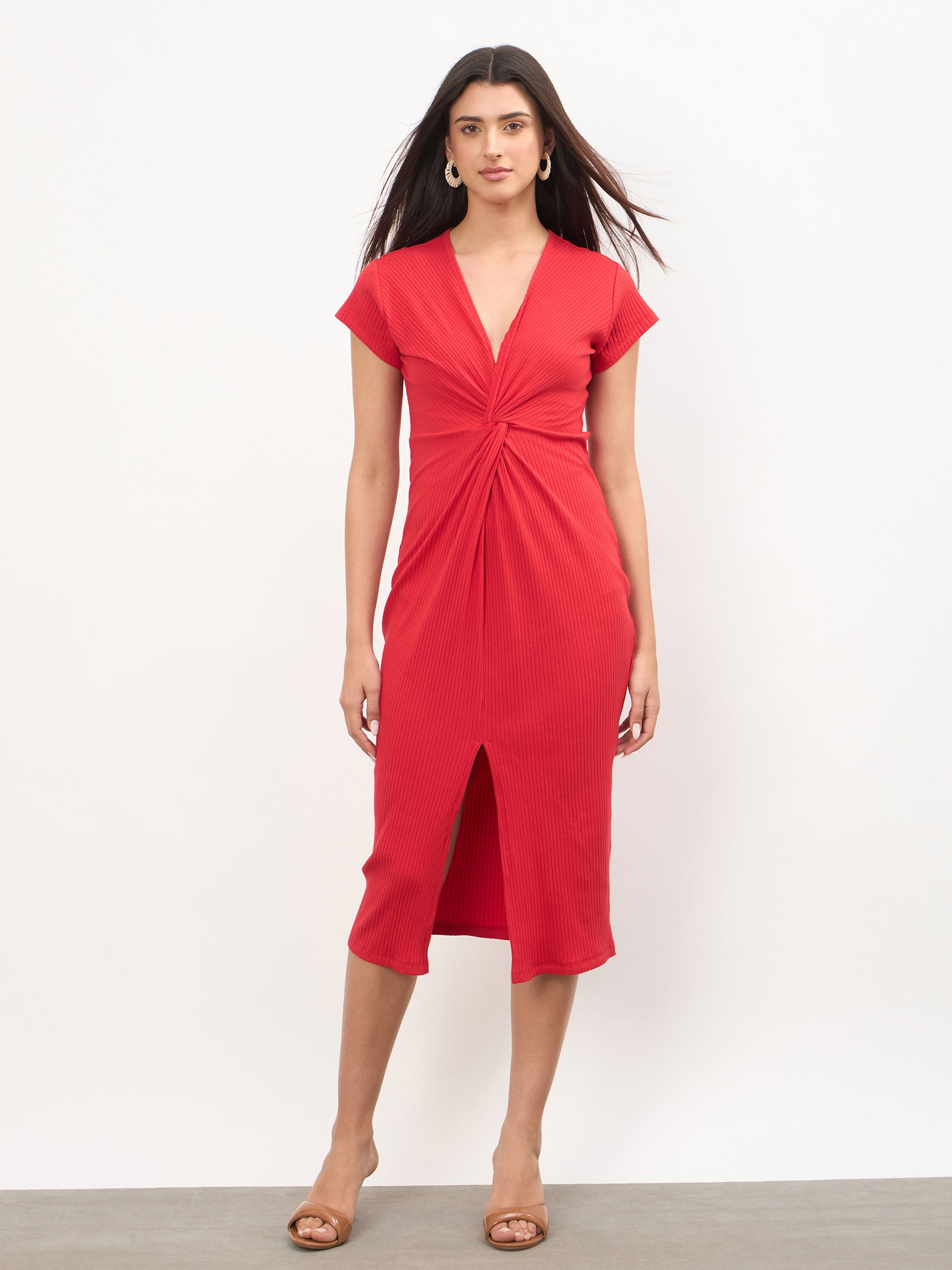 Red Rib Waist Twisted Bodycon Midi Dress-SASSAFRAS