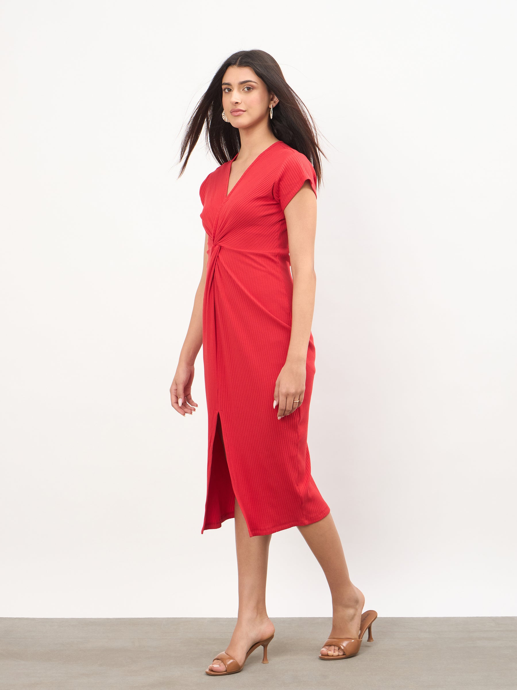 Red Rib Waist Twisted Bodycon Midi Dress-SASSAFRAS