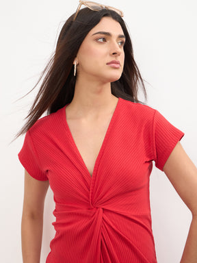 Red Rib Waist Twisted Bodycon Midi Dress-SASSAFRAS