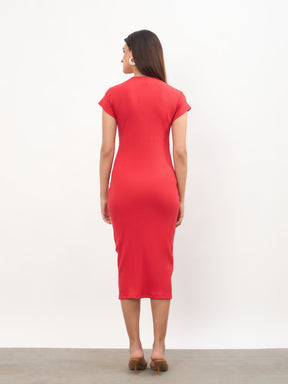 Red Rib Waist Twisted Bodycon Midi Dress-SASSAFRAS