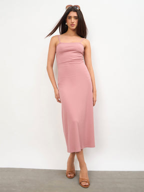 Pink Rib A-Line Strappy Midi Dress-SASSAFRAS 