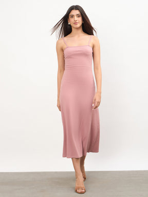 Pink Rib A-Line Strappy Midi Dress-SASSAFRAS 