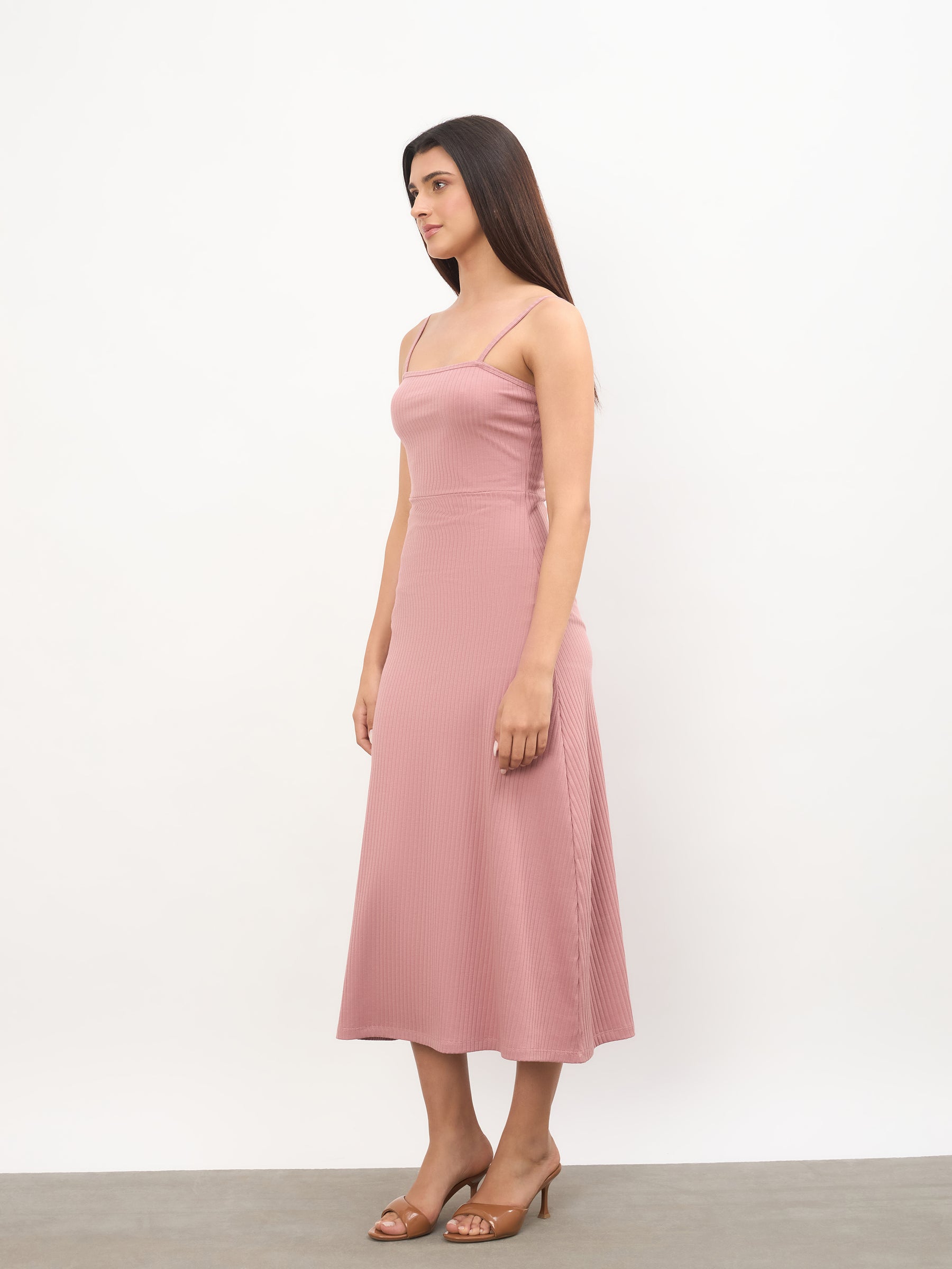 Pink Rib A-Line Strappy Midi Dress-SASSAFRAS 