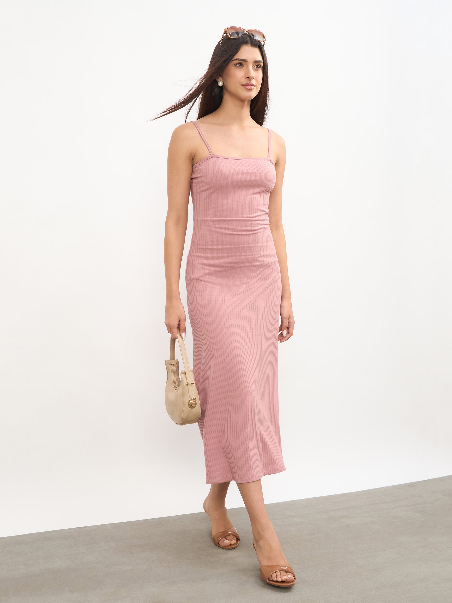 Pink Rib A-Line Strappy Midi Dress-SASSAFRAS 
