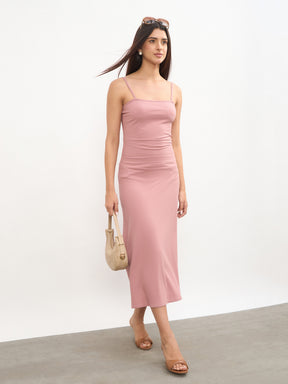 Pink Rib A-Line Strappy Midi Dress-SASSAFRAS 