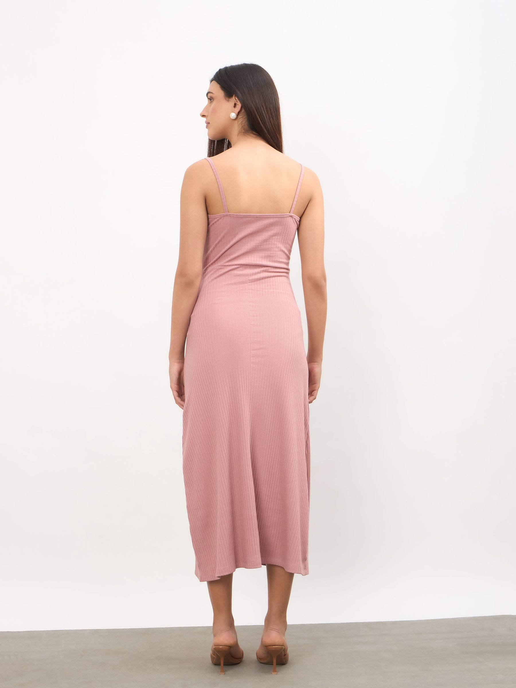 Pink Rib A-Line Strappy Midi Dress-SASSAFRAS 
